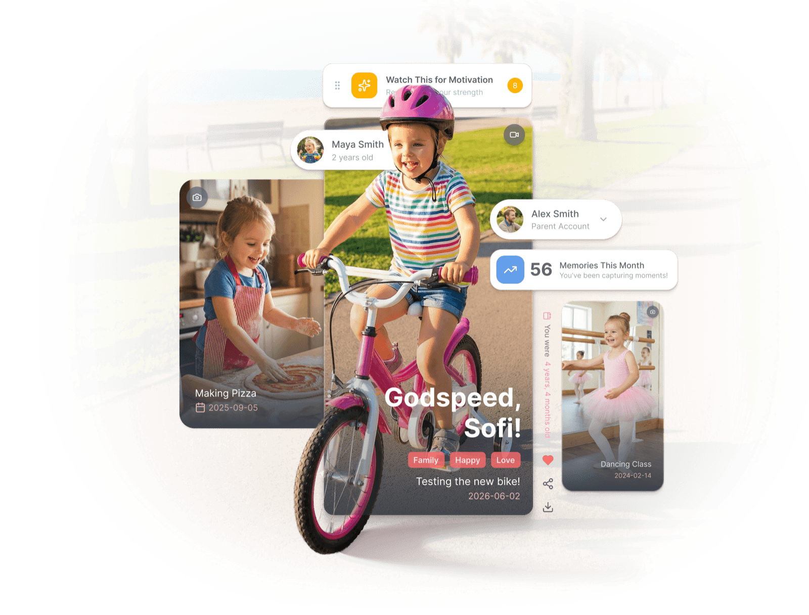 App preview showing a child on a bike with memory cards overlay